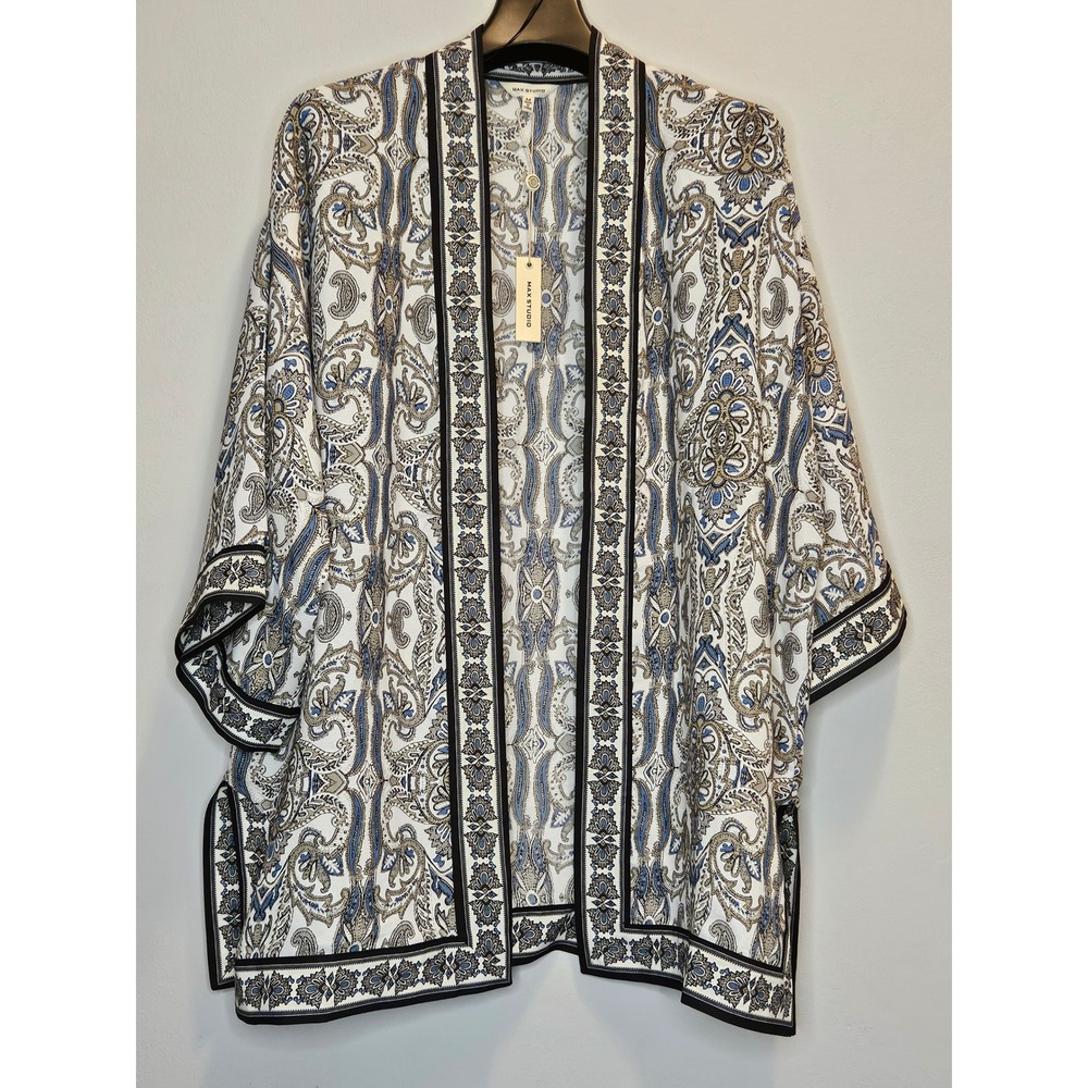 Max Studio Blue Paisley Medallion Open Front Kimono Wrap Cardigan One Size NEW